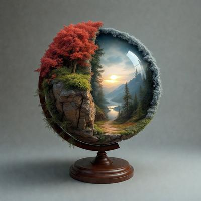 Primary subject: A round, wooden globe with a painting of a forest and mountains on it.

Setting/background: The globe is placed on a table, and the painting features a sunset.

Visual style: The globe is a digital art piece, showcasing a creative and unique design.

Colors and mood: The colors in the painting are warm and inviting, creating a serene and peaceful atmosphere.
